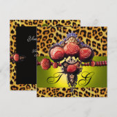 GELE  RODE KORALEN ROZEN,LUIPAARDPRINT MONOGRAM KAART (Voorkant / Achterkant)