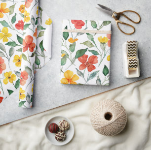 Gele Rode Perzik Bloemen Verjaardag Cadeaupapier