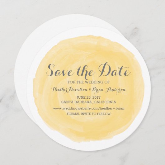 Gele ronde Waterverf sparen de Datum uitnodigen Save The Date (Voorkant / Achterkant)