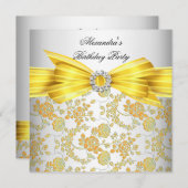 Gele roodrozen Damask Birthday Party Kaart (Voorkant / Achterkant)