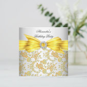 Gele roodrozen Damask Birthday Party Kaart (Staand voorkant)