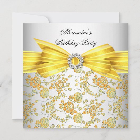 Gele roodrozen Damask Birthday Party Kaart (Voorkant)