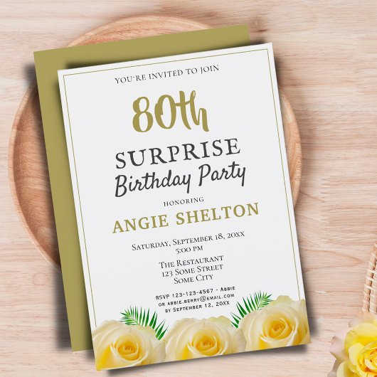 Gele Roos 80ste Verjaardagsfeest Surprise Party Kaart