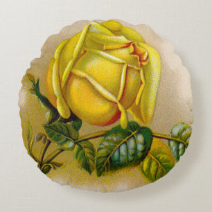 Gele Roos Antieke Vintage Print Fijne Kunst Rond Kussen