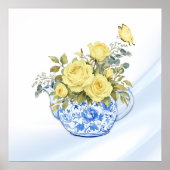 Gele roos blauwe en witte theepot poster (Voorkant)