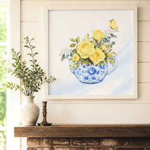 Gele roos blauwe en witte theepot poster