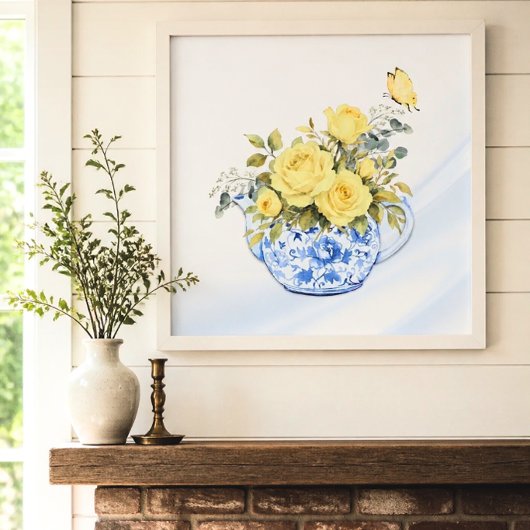 Gele roos blauwe en witte theepot poster