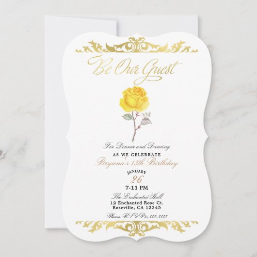 Gele Roos & Elegante Gouden Verjaardagsfeestje Kaart (Voorkant)