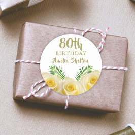 Gele Roos en Bladeren Bloemen 80ste Verjaardag Ronde Sticker