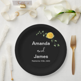 Gele roos en groene wijnstok Elegante zwarte bruil Papieren Bordje