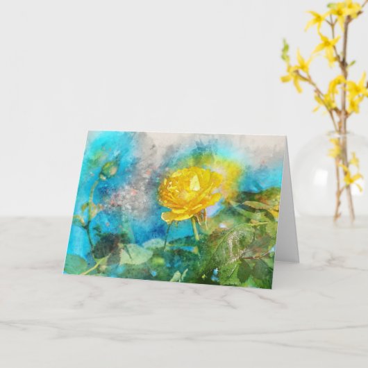 Gele roos, groene bladeren, beste wensen Kaart (Gele Bloem)