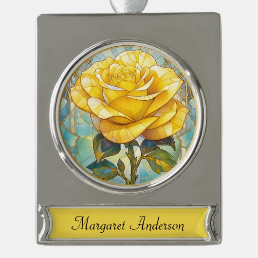 Gele Roos Herdenking Verzilverd Banner Ornament (Voorkant)
