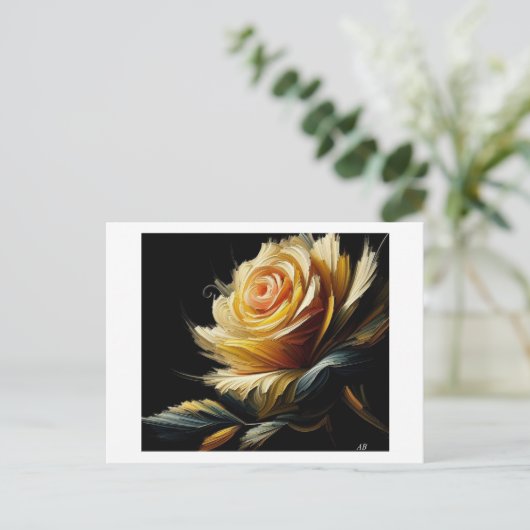 Gele roos op zwart, briefkaart (Staand voorkant)