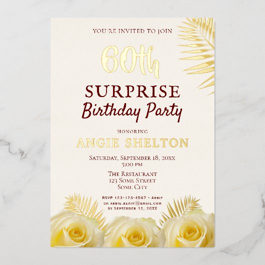 Gele Rose 60th Surprise Birthday Party Gold Folie Uitnodiging (Voorkant)