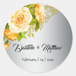 Gele Rose Boeket Zilveren Bruiloft Ronde Sticker