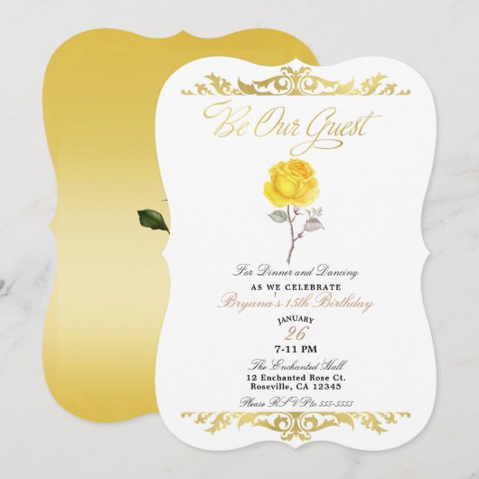 Gele Rose & Elegant Gold Birthday Party Kaart (Voorkant / Achterkant)