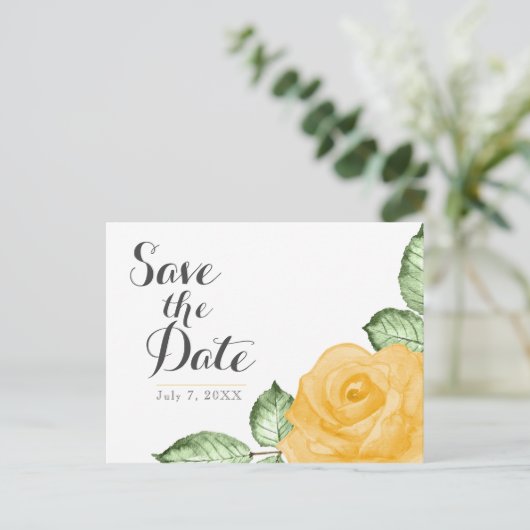 Gele Rose Elegante Bloemen Huwelijk Save the Date Aankondigingskaart (Staand voorkant)