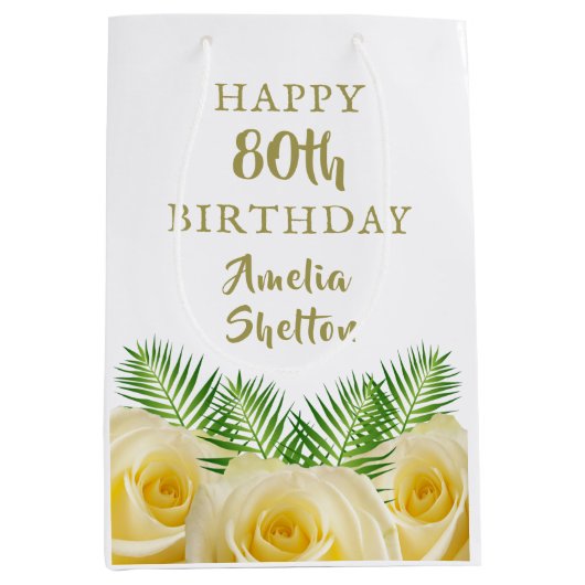 Gele Rose en bladeren Bloemen Gelukkige Verjaardag Medium Cadeauzakje (Voorkant)