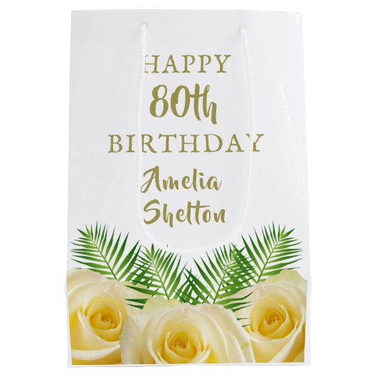 Gele Rose en bladeren Bloemen Gelukkige Verjaardag Medium Cadeauzakje (Achterkant)