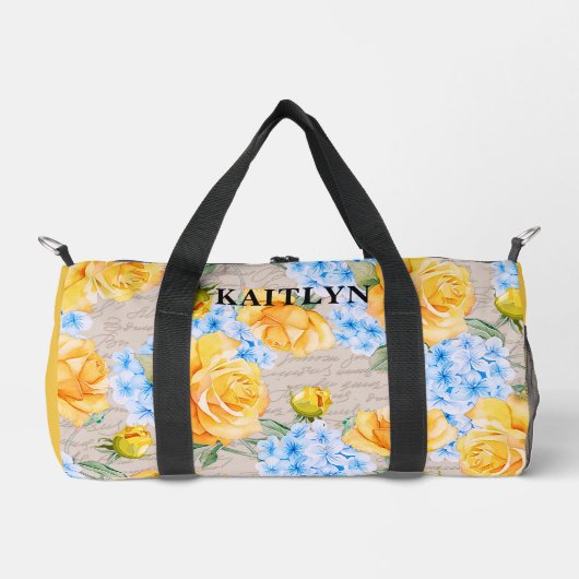 Gele Rose en Blauwe Hydrangea Floral Duffel Bag Plunjezak (Voorkant)
