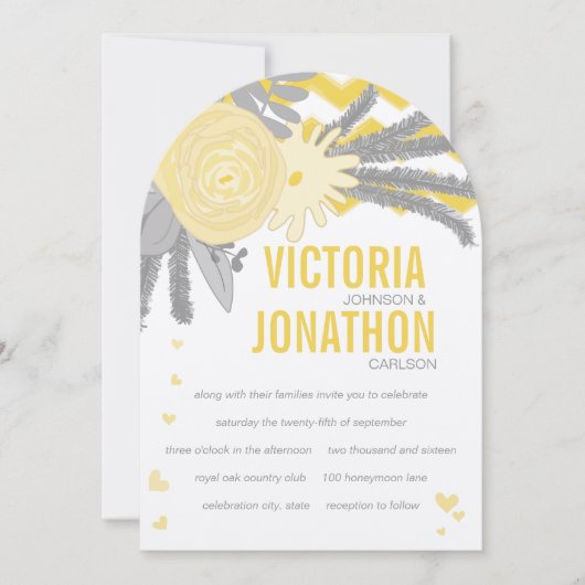 Gele Rose en Ferns Gray Zig Zag Wedding Kaart (Voorkant)