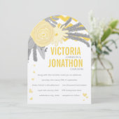 Gele Rose en Ferns Gray Zig Zag Wedding Kaart (Staand voorkant)