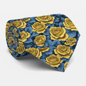 Gele Rose en Navy Blue Patroon Stropdas (Opgerold)
