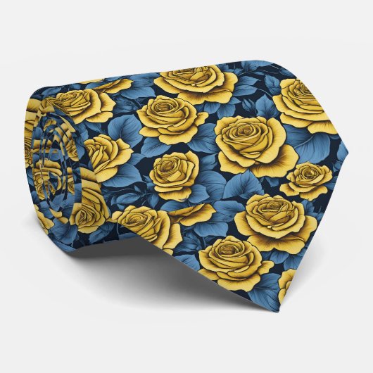 Gele Rose en Navy Blue Patroon Stropdas (Opgerold)