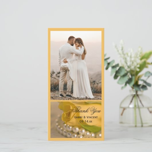 Gele Rose en White Pearls Weddenschap Bedankt (Staand voorkant)