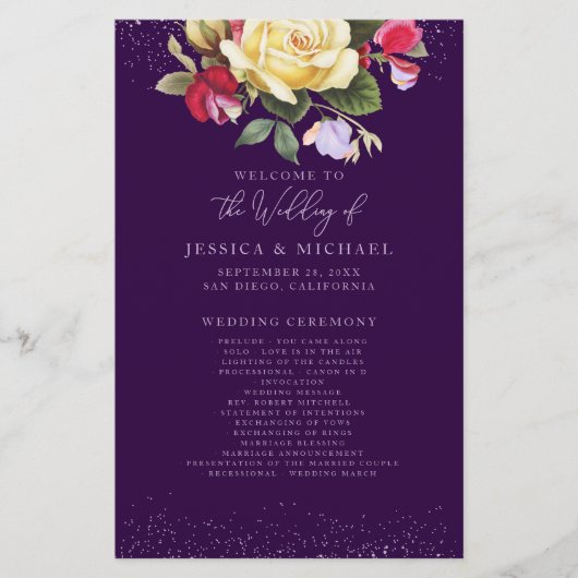 Gele Rose Floral Paars Wedding Programme (Voorkant)