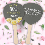 Gele Rose Flower Floral 80th Birthday Party Handwaaier<br><div class="desc">Gele Rose Bloem Bloem 80e Verjaardagsfeestje Hand Fan. Mooie gele rozen. De achtergrond is krijtbordgrijs. De tekst is wit en geel van kleur en is eenvoudig aan te passen - personaliseer het met jouw naam, leeftijd en uw boodschap op de achterkant. Perfect voor een vrouw die haar tachtigste verjaardag viert....</div>