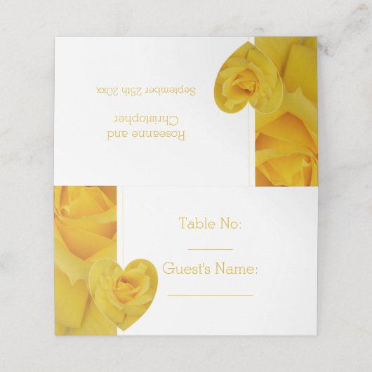 Gele Rose Hart Ontwerp bruiloft Plaatskaartje (Buitenkant ongevouwen)