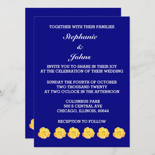 Gele Rose Navy Blauw Bloemen Bruiloft  Bright Kaart (Voorkant / Achterkant)