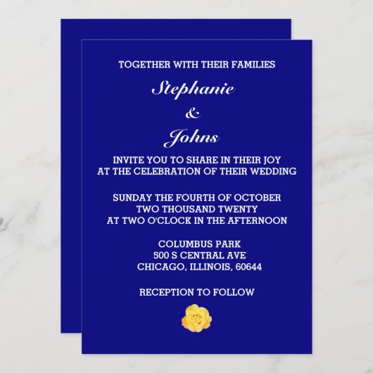 Gele Rose Navy Blauw Bloemen Wit Bruiloft Kaart (Voorkant / Achterkant)