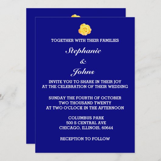 Gele Rose Navy Blauw Bloemen Wit Bruiloft Trendy Kaart (Voorkant / Achterkant)
