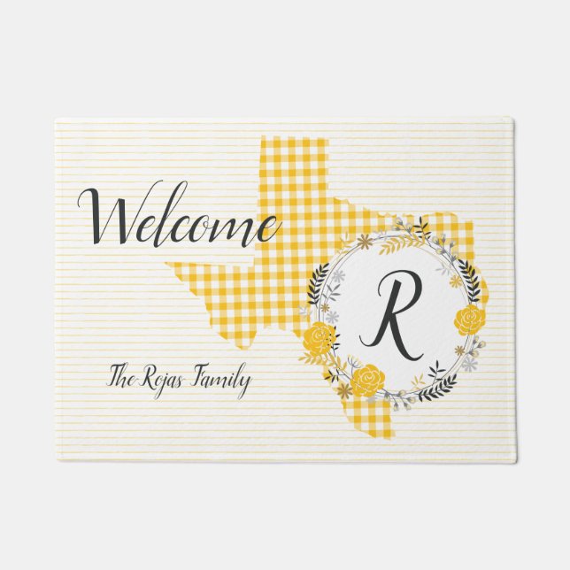 Gele Rose of Texas - Gingham Monogram Deurmat (Voorkant)