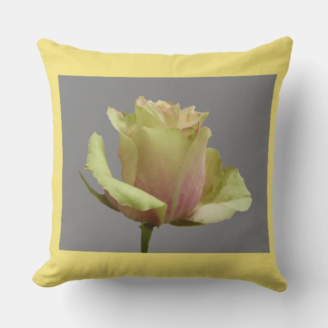 Gele Rose op Grey + Cust. Rand kleurenstraal Kussen (Voorkant)