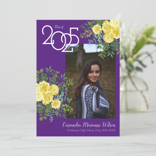 Gele Rose Paars Foto Afstuderen Aankondiging (Staand voorkant)