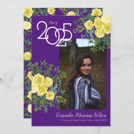 Gele Rose Paars Foto Afstuderen Aankondiging (Voorkant / Achterkant)