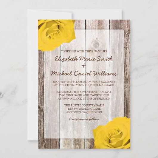 Gele Rose Rustic Barn Wood Wedding Invitations Kaart (Voorkant)