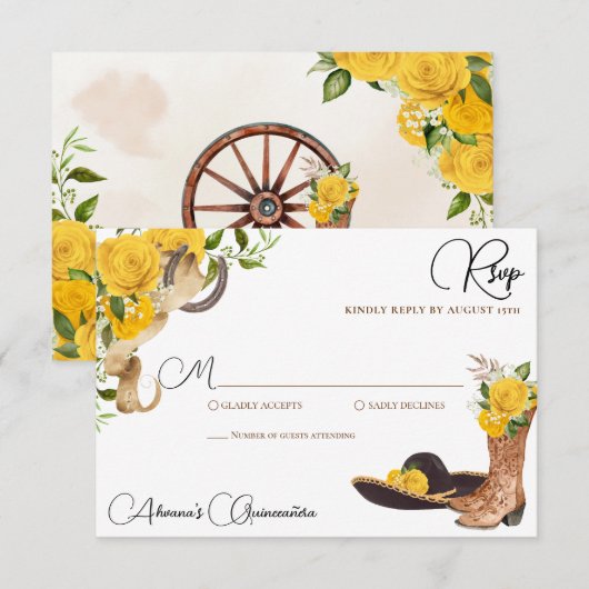 Gele Rose Rustieke Charro Westerne Quinceanera RSVP Kaartje (Voorkant / Achterkant)