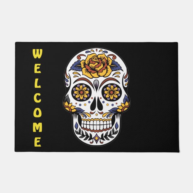 Gele Rose Sugar Skull Monogram Doormat Deurmat (Voorkant)
