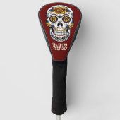 Gele Rose Sugar Skull op maroon Monogram Golfheadcover (Voorkant)