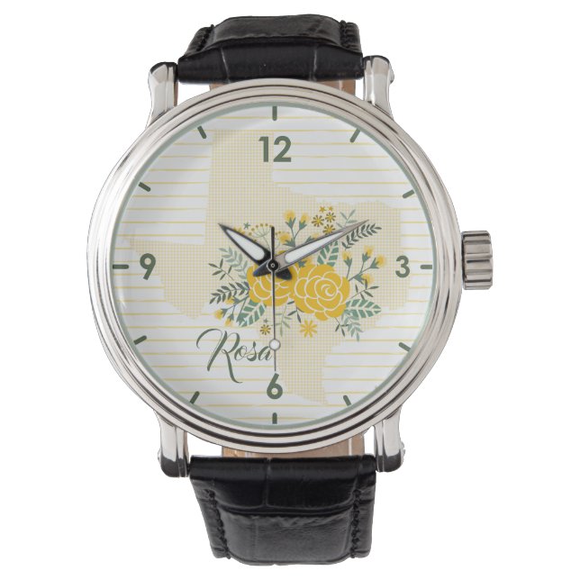 Gele Rose uit Texas - Deelstaat Gingham met Rozen Horloge (Voorkant)
