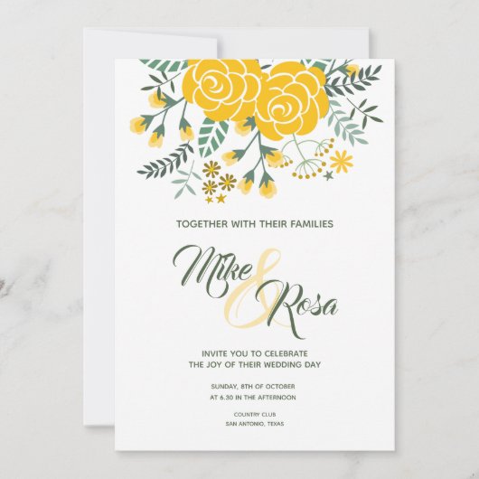 Gele Rose uit Texas - Gingham met Rozen bruiloft Kaart (Voorkant)