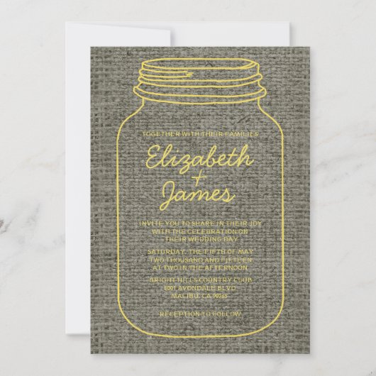 Gele Roustic Burlap Mason Jar Wedding Invitations Kaart (Voorkant)