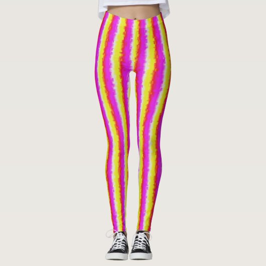 Gele roze Artdeco regenboogstrips Leggings (Voorkant)