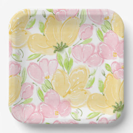 Gele Roze Bloemen Papieren Borden, Botanische Bloe Bordje