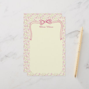 Gele Roze Bloemige Coquette Strik Aangepaste Naam Briefpapier