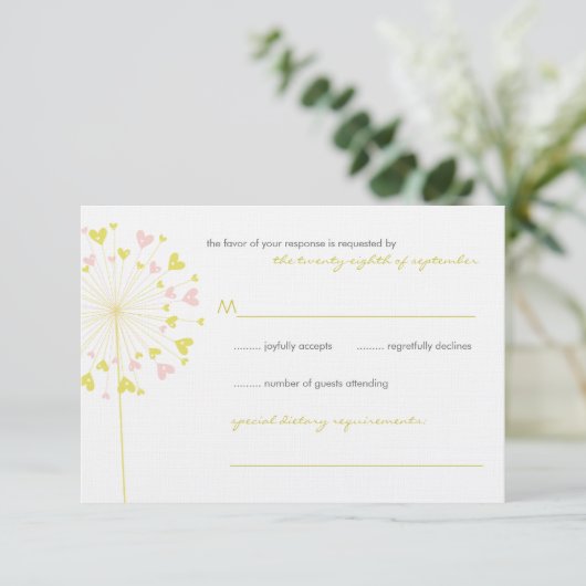Gele roze dandelions Love Wedding RSVP Kaart (Staand voorkant)